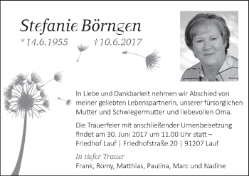 Traueranzeige von Stefanie Börngen von Pegnitz-Zeitung