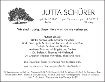 Traueranzeige von Jutta Schürer von Pegnitz-Zeitung
