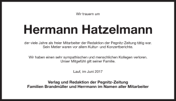 Traueranzeige von Hermann Hatzelmann von Pegnitz-Zeitung