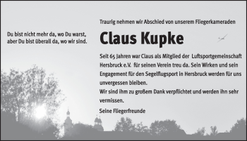 Traueranzeige von Claus Werner Kupke von Hersbrucker Zeitung