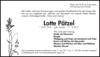 Traueranzeige von Lotte Pätzel von Pegnitz-Zeitung