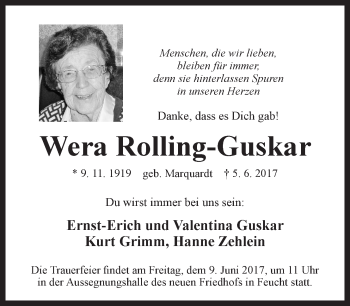 Traueranzeige von Wera Rolling-Guskar von Der Bote