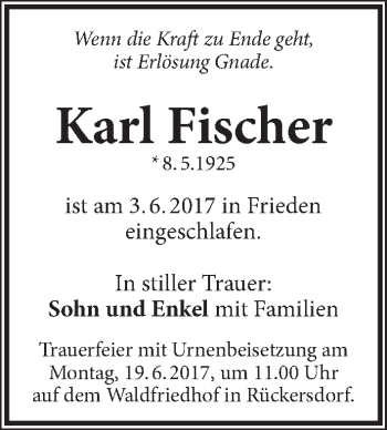 Traueranzeige von Karl Fischer von Pegnitz-Zeitung