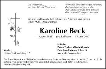 Traueranzeige von Karoline Beck von Hersbrucker Zeitung