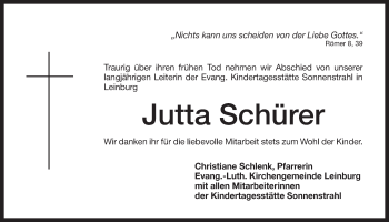 Traueranzeige von Jutta Schürer von Der Bote