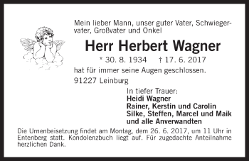 Traueranzeige von Herbert Wagner von Der Bote
