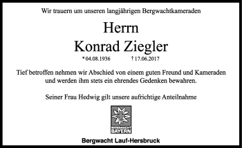 Traueranzeige von Konrad Ziegler von Hersbrucker Zeitung