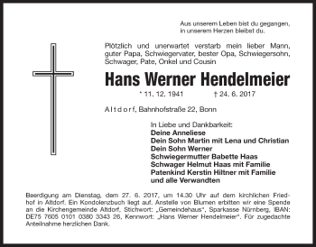 Traueranzeige von Hans Werner Hendelmeier von Der Bote