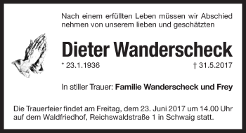 Traueranzeige von Dieter Wanderscheck von Pegnitz-Zeitung