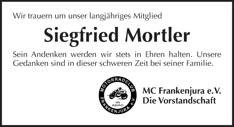  Traueranzeige für Siegfried Mortler vom 27.06.2017 aus Pegnitz-Zeitung