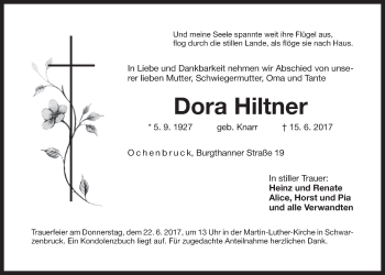Traueranzeige von Dora Hiltner von Der Bote