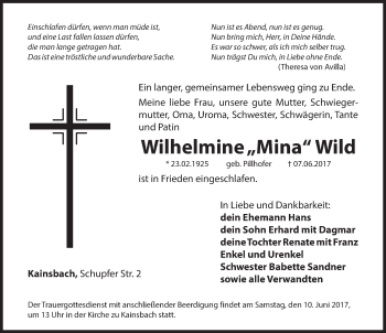 Traueranzeige von Wilhelmine Wild von Hersbrucker Zeitung
