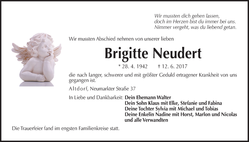  Traueranzeige für Brigitte Neudert vom 24.06.2017 aus Der Bote