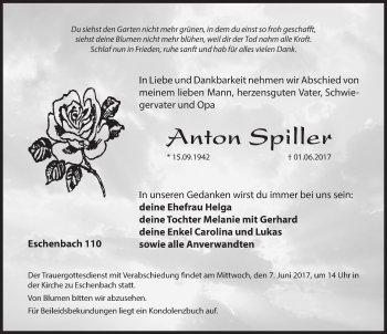 Traueranzeige von Anton Spiller von Hersbrucker Zeitung