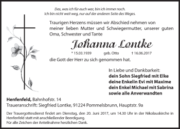 Traueranzeige von Johanna Lontke von Hersbrucker Zeitung
