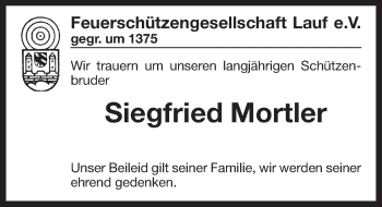 Traueranzeige von Siegfried Mortler von Pegnitz-Zeitung