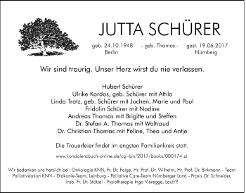 Traueranzeige von Jutta Schürer von Der Bote