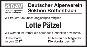 Traueranzeige von Lotte Pätzel von Pegnitz-Zeitung