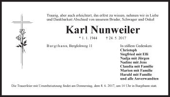 Traueranzeige von Karl Nunweiler von Der Bote