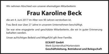 Traueranzeige von Karoline Beck von Hersbrucker Zeitung