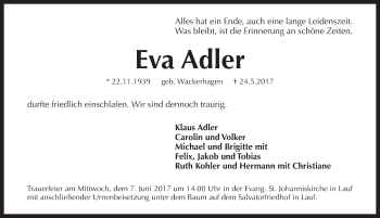 Traueranzeige von Eva Adler von Pegnitz-Zeitung