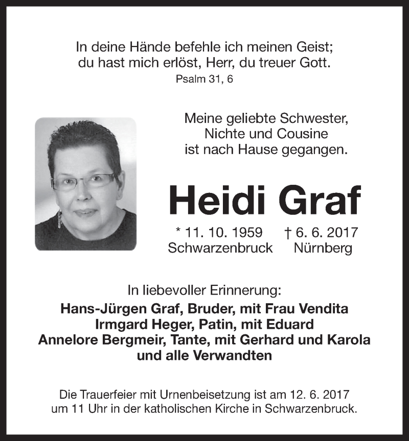  Traueranzeige für Heidi Graf vom 12.06.2017 aus Der Bote