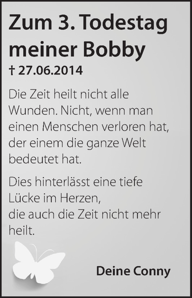  Traueranzeige für Bobby  vom 27.06.2017 aus Hersbrucker Zeitung