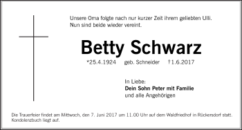 Traueranzeige von Betty Schwarz von Pegnitz-Zeitung