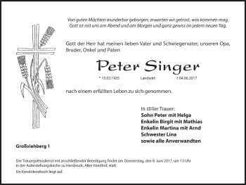 Traueranzeige von Peter Singer von Hersbrucker Zeitung