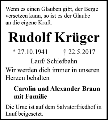 Traueranzeige von Rudolf Krüger von Pegnitz-Zeitung