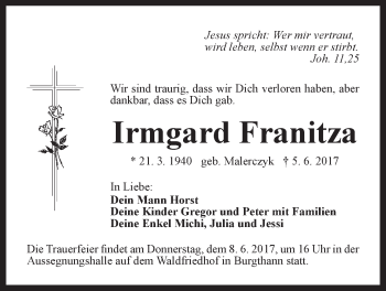 Traueranzeige von Irmgard Franitza von Der Bote