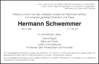 Traueranzeige von Hermann Schwemmer von Hersbrucker Zeitung