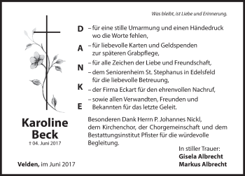 Traueranzeige von Karoline Beck von Hersbrucker Zeitung