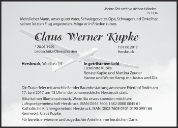 Traueranzeige von Claus Werner Kupke von Hersbrucker Zeitung