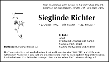Traueranzeige von Sieglinde Richter von Pegnitz-Zeitung