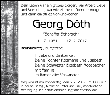 Traueranzeige von Georg Döth von Hersbrucker Zeitung