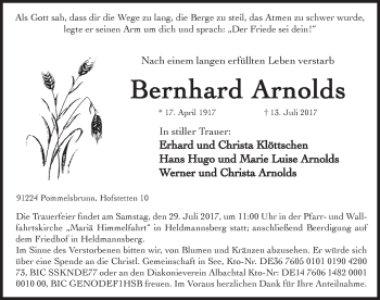 Traueranzeige von Bernhard Arnolds von Hersbrucker Zeitung