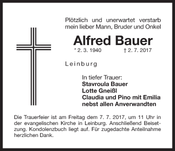 Traueranzeige von Alfred Bauer von Der Bote