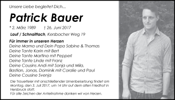 Traueranzeige von Patrick Bauer von Pegnitz-Zeitung