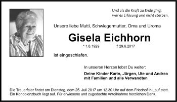 Traueranzeige von Gisela Eichhorn von Pegnitz-Zeitung