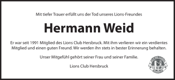 Traueranzeige von Hermann Weid von Hersbrucker Zeitung