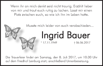 Traueranzeige von Ingrid Bauer von Der Bote