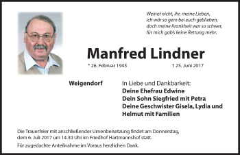Traueranzeige von Manfred Lindner von Hersbrucker Zeitung