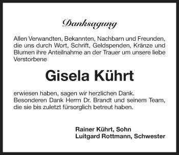 Traueranzeige von Gisela Kührt von Pegnitz-Zeitung