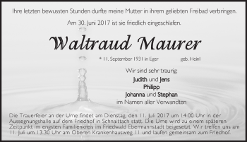 Traueranzeige von Waltraud Maurer von Pegnitz-Zeitung
