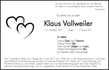 Traueranzeige von Klaus Vollweiler von Pegnitz-Zeitung