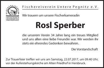 Traueranzeige von Rosl Sperber von Hersbrucker Zeitung