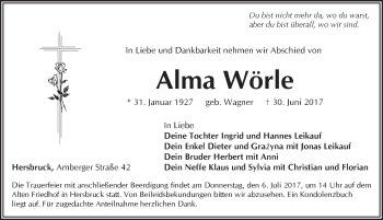 Traueranzeige von Alma Wörle von Hersbrucker Zeitung