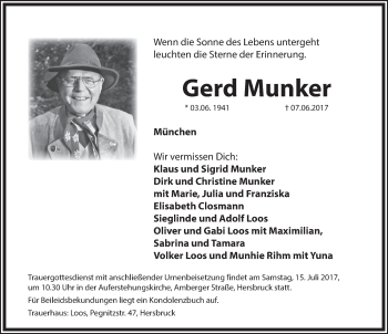 Traueranzeige von Gerd Munker von Hersbrucker Zeitung