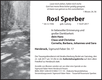Traueranzeige von Rosl Sperber von Hersbrucker Zeitung